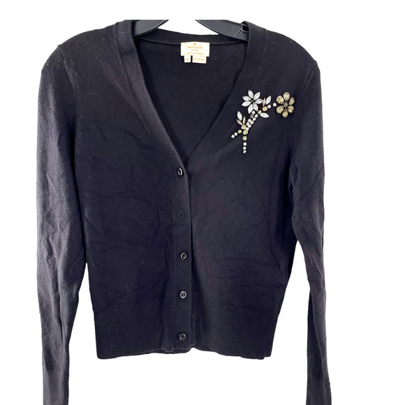 KATE SPADE BLACK WOOL BLEND EMBELLISHED GEMSTONE CARDIGAN - Picture 1 of 7